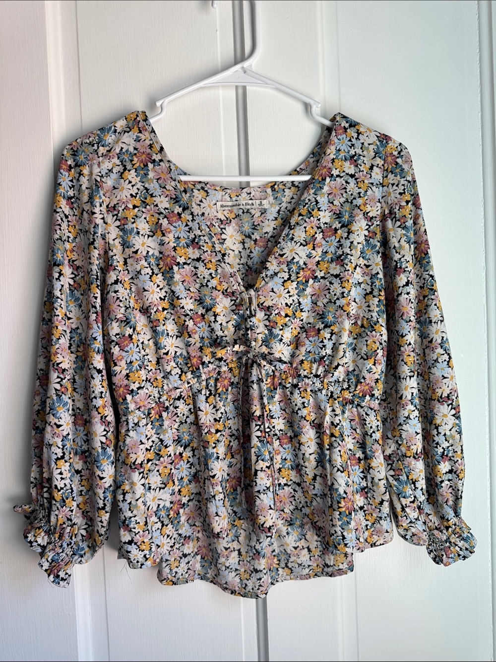 Abercrombie & Fitch Floral Tie-Front Blouse in White, Pink, Blue & Yellow